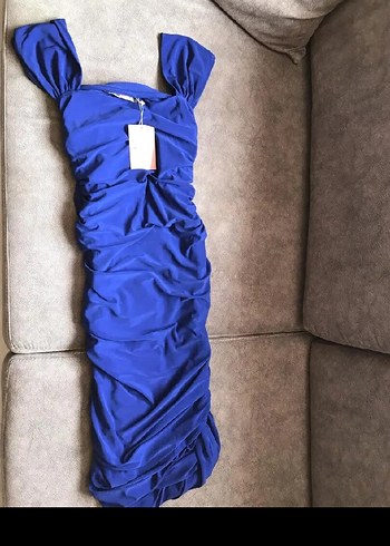 Mavi Drapeli Straplez Midi Kalem Elbise - Görsel 3