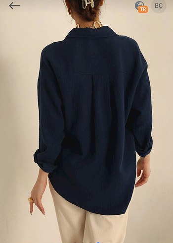 Lacivert Düğmeli Rahat Kesim Kadın Gömlek - Görsel 2