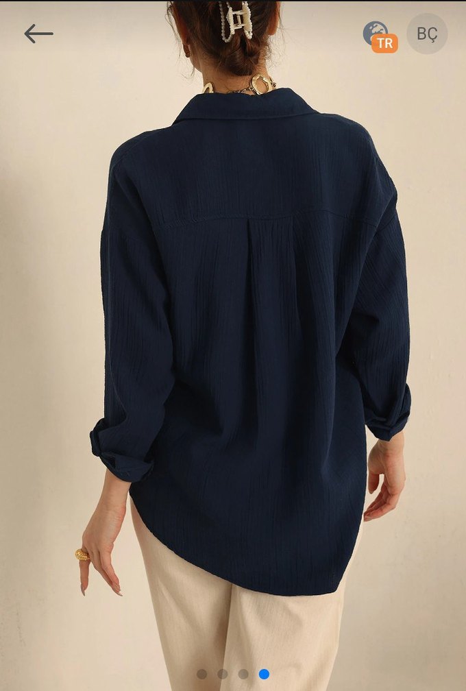 Lacivert Düğmeli Rahat Kesim Kadın Gömlek - Görsel 2