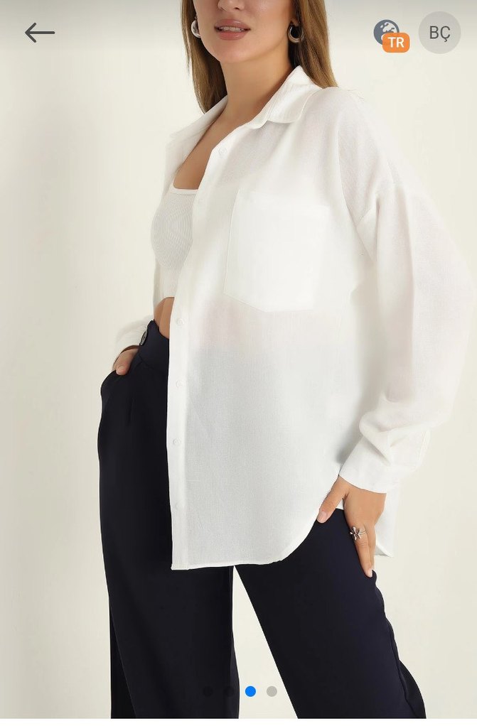 Kadın Beyaz Pamuklu Düğmeli Gömlek - Görsel 3
