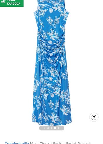 Kadın Lacivert Çiçekli Uzun Drapeli Elbise - Görsel 2