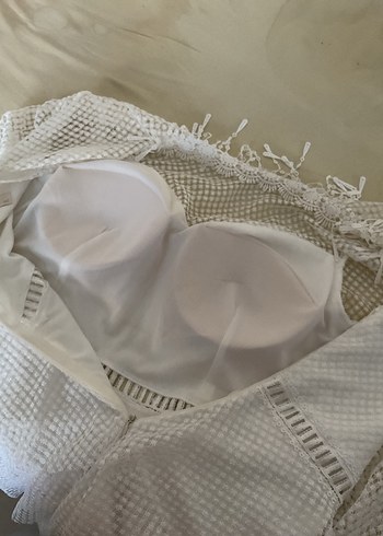 Uzun Kollu Beyaz Midi Mini Gelinlik Dantelli mini elbise - Görsel 3