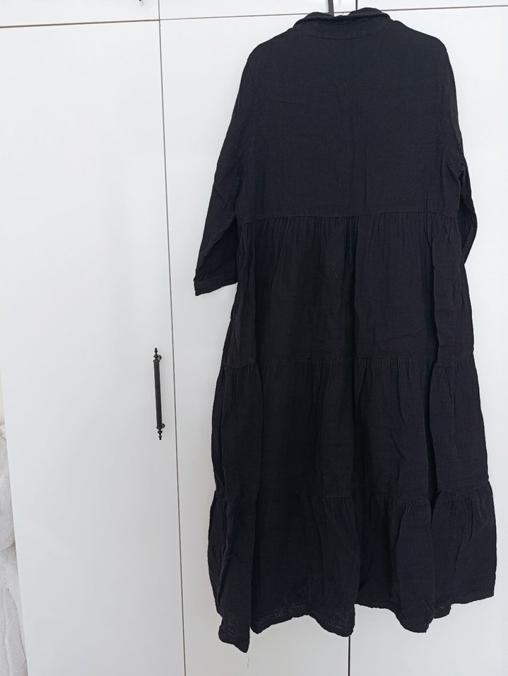 Düğmeli Siyah müslin Uzun Elbise - Görsel 2