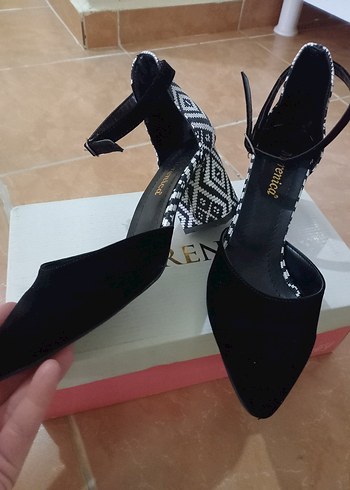 Desenli Tokalı Siyah  ekoseli Bohem Topuklu Ayakkabı - Görsel 7