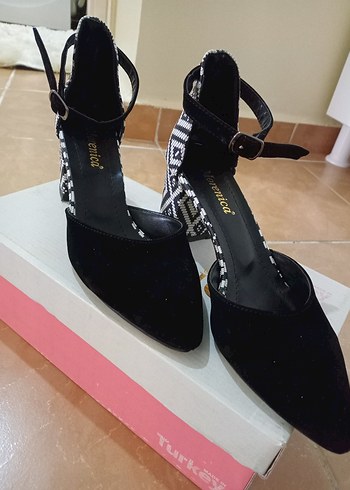 Desenli Tokalı Siyah  ekoseli Bohem Topuklu Ayakkabı - Görsel 4