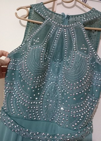 Yeşil Yüksek Yakalı Uzun Kadın Abiye Elbise - Görsel 3