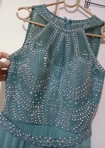 Yeşil Yüksek Yakalı Uzun Kadın Abiye Elbise - Görsel 2