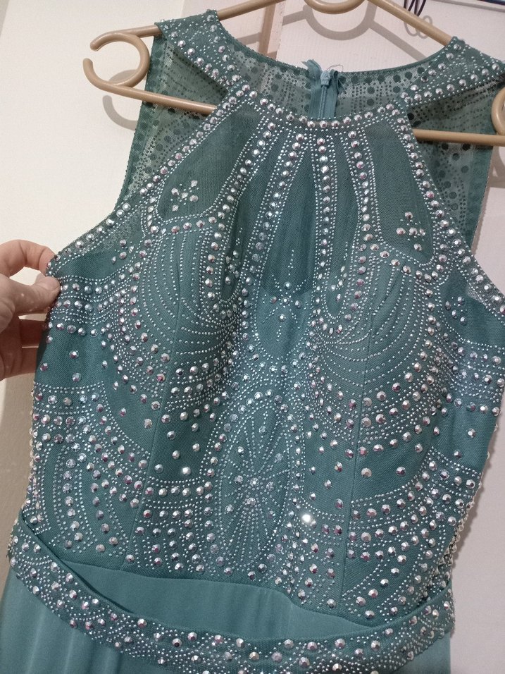 Yeşil Yüksek Yakalı Uzun Kadın Abiye Elbise - Görsel 3