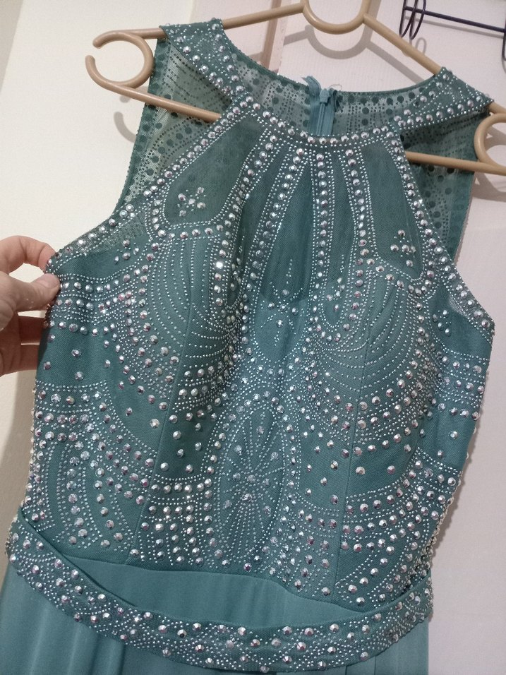 Yeşil Yüksek Yakalı Uzun Kadın Abiye Elbise - Görsel 2