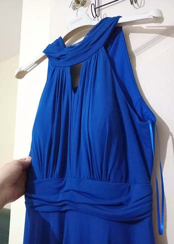 Lacivert Yüksek Yakalı Boyundan askılı Uzun Kadın Elbise - Görsel 2