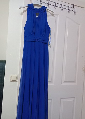 Lacivert Yüksek Yakalı Boyundan askılı Uzun Kadın Elbise - Görsel 4