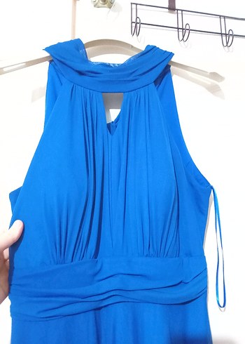 Lacivert Yüksek Yakalı Boyundan askılı Uzun Kadın Elbise - Görsel 3