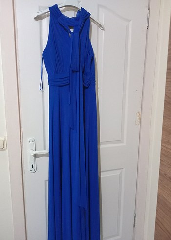 Lacivert Yüksek Yakalı Boyundan askılı Uzun Kadın Elbise - Görsel 5