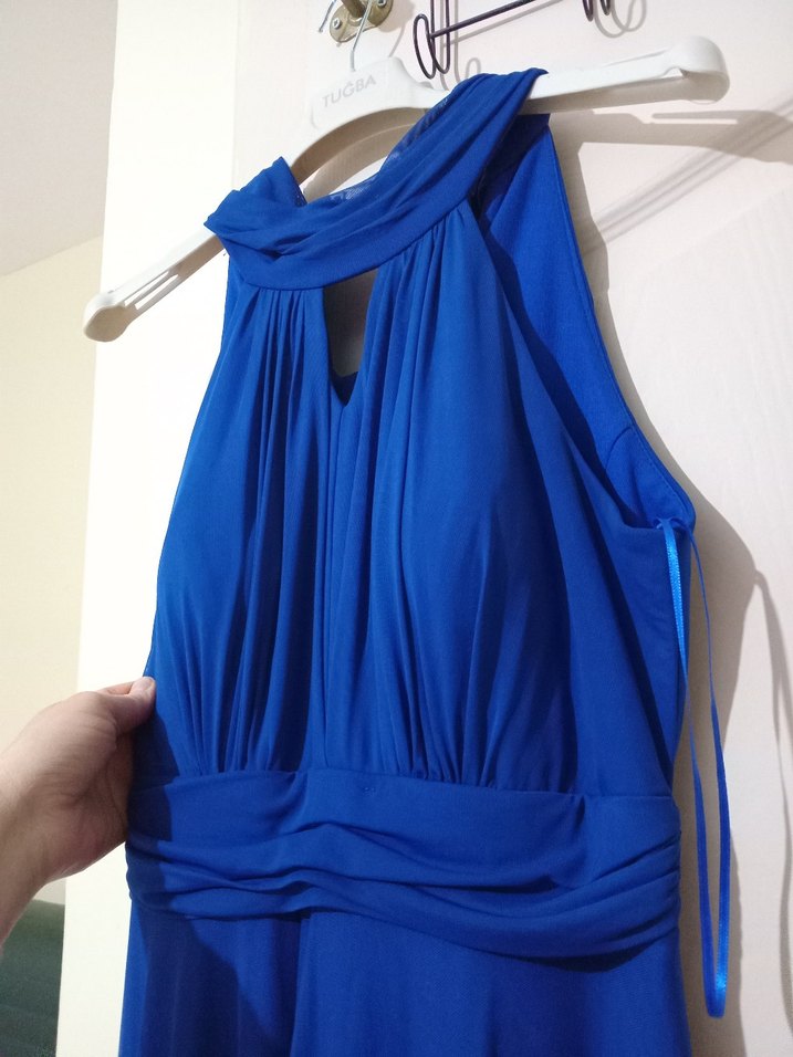 Lacivert Yüksek Yakalı Boyundan askılı Uzun Kadın Elbise - Görsel 2