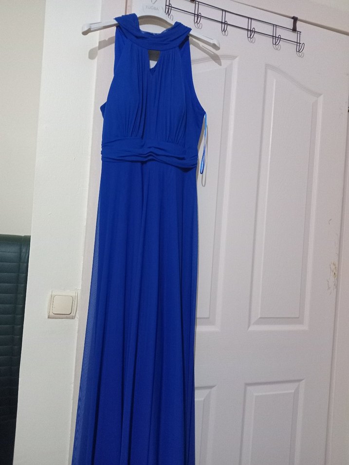 Lacivert Yüksek Yakalı Boyundan askılı Uzun Kadın Elbise - Görsel 4