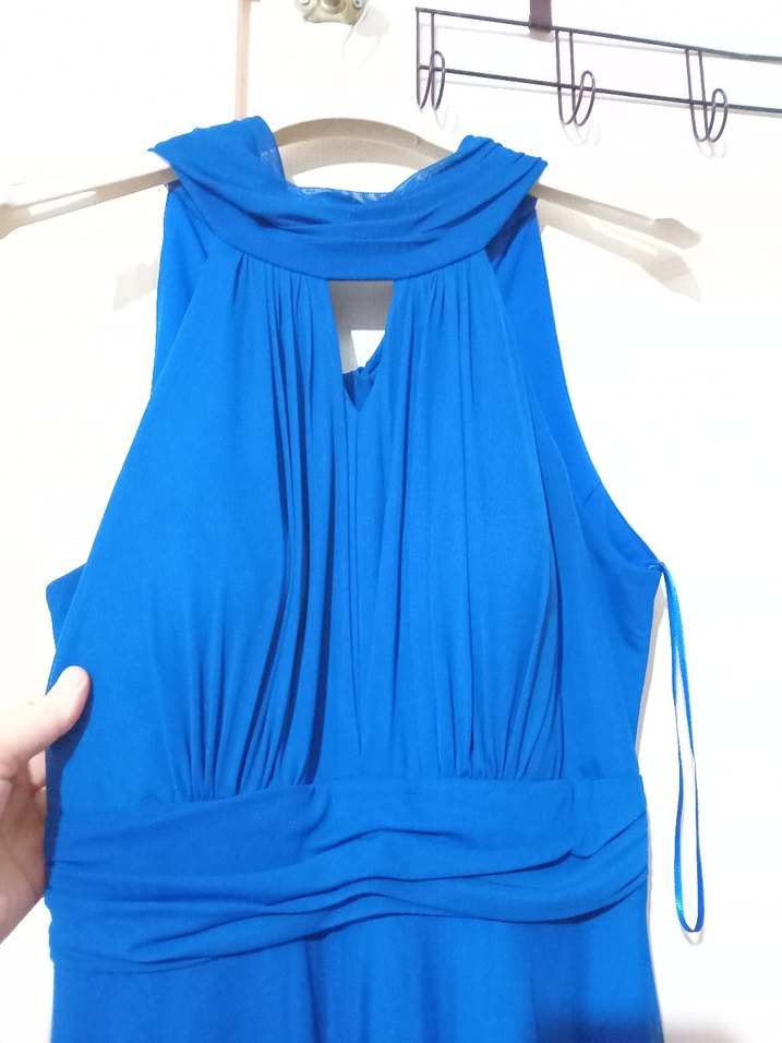 Lacivert Yüksek Yakalı Boyundan askılı Uzun Kadın Elbise - Görsel 3