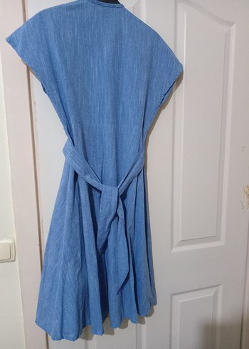 Düğmeli Mavi Keten elbise - Görsel 3