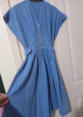 Düğmeli Mavi Keten elbise - Görsel 2