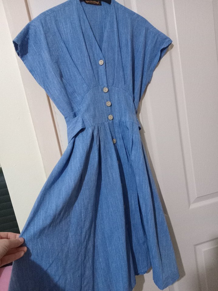 Düğmeli Mavi Keten elbise - Görsel 2