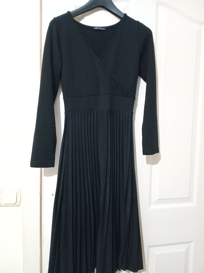 Siyah V Yaka Kadın Triko Elbise - Görsel 2