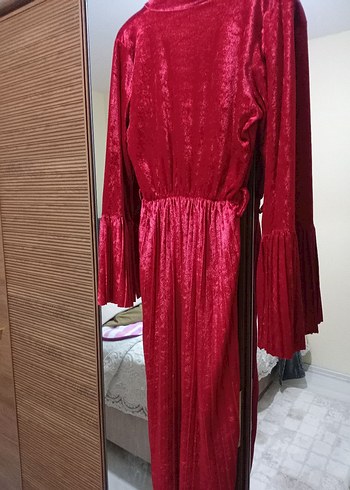 Bordo Uzun Kollu Piliseli  Kadife Kadın Elbise - Görsel 2