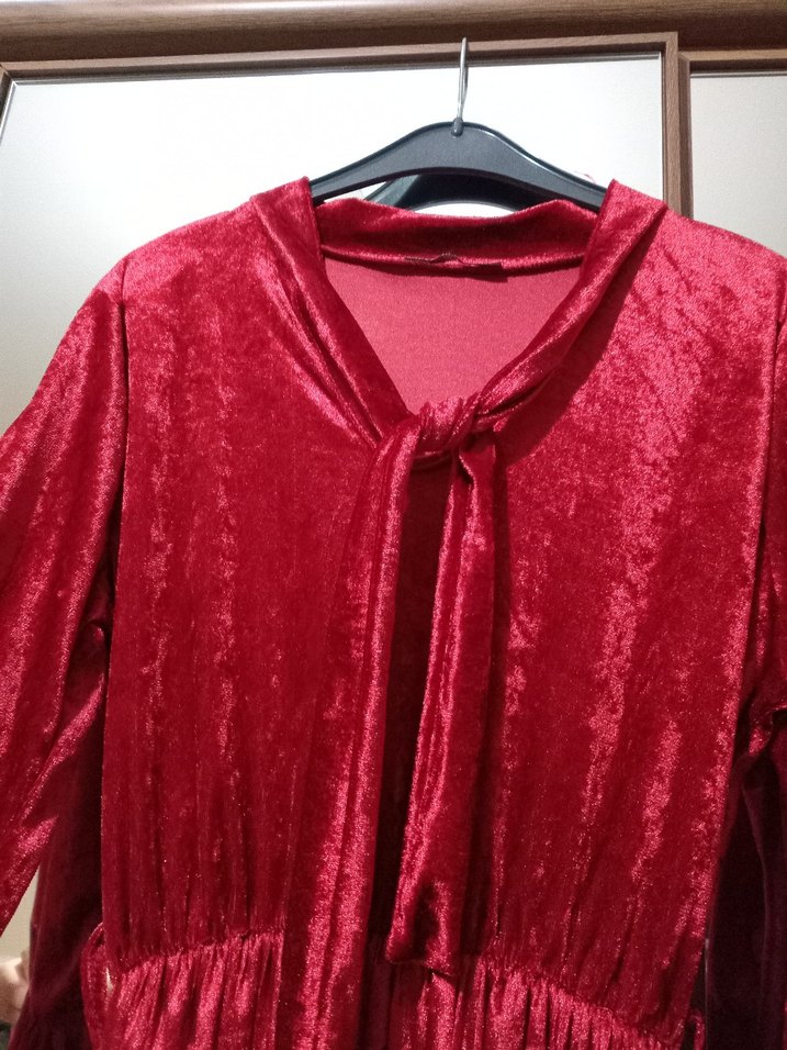 Bordo Uzun Kollu Piliseli  Kadife Kadın Elbise - Görsel 4