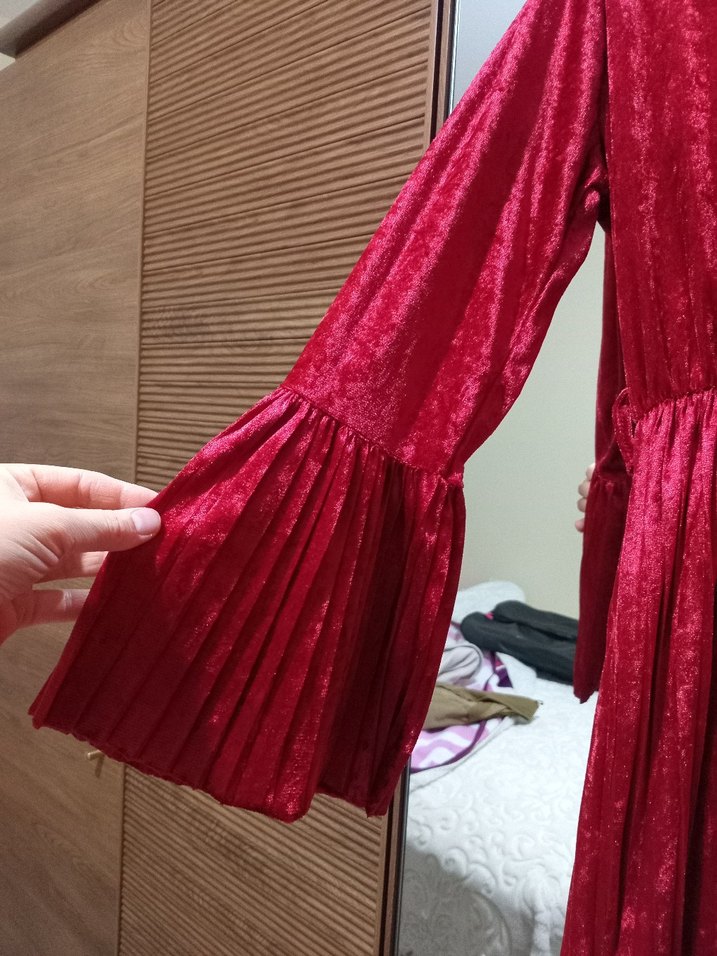 Bordo Uzun Kollu Piliseli  Kadife Kadın Elbise - Görsel 3