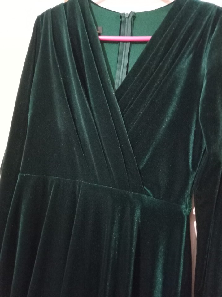 Uzun Kollu  Kısa boylu Yeşil Drapeli  Kadife Kadın Kadın Elbise - Görsel 4