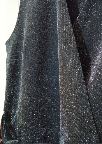 Kemerli Gri Uzun  Işıltılı Simli Abiye Tulum - Görsel 3