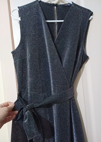 Kemerli Gri Uzun  Işıltılı Simli Abiye Tulum - Görsel 2