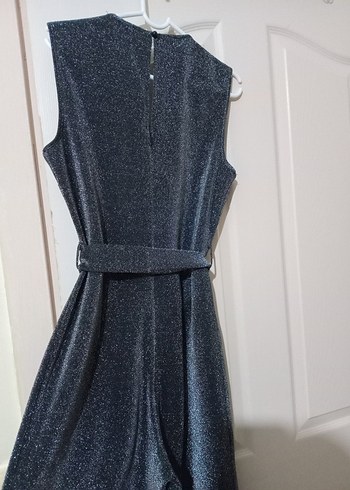 Kemerli Gri Uzun  Işıltılı Simli Abiye Tulum - Görsel 5