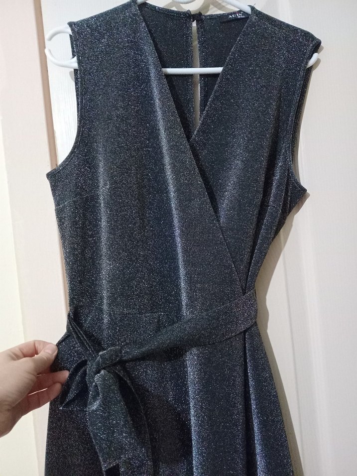 Kemerli Gri Uzun  Işıltılı Simli Abiye Tulum - Görsel 2