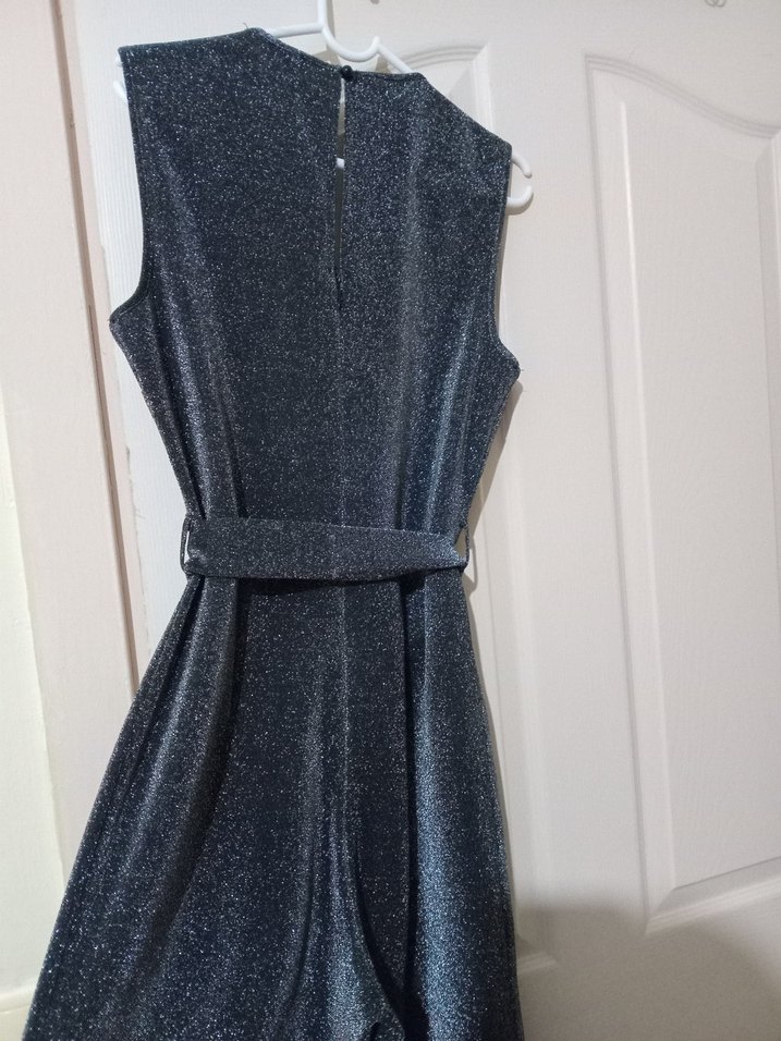 Kemerli Gri Uzun  Işıltılı Simli Abiye Tulum - Görsel 5