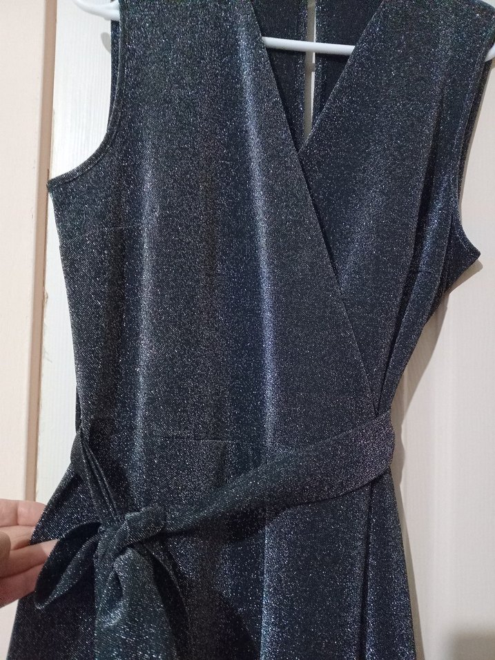 Kemerli Gri Uzun  Işıltılı Simli Abiye Tulum - Görsel 4