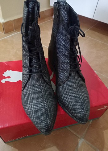 Gri Ekose Desenli Lastikli Kadın Bot - Görsel 4