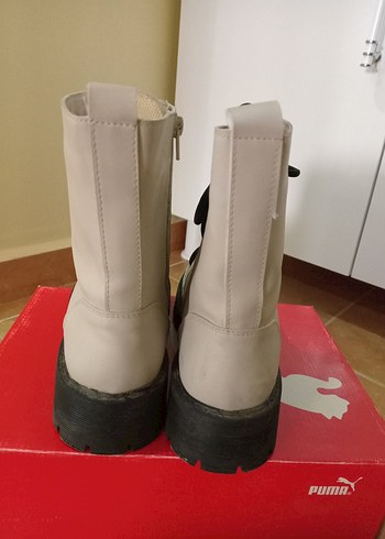 Bej Kadın Deri Bot Siyah Kalın Topuklu - Görsel 2