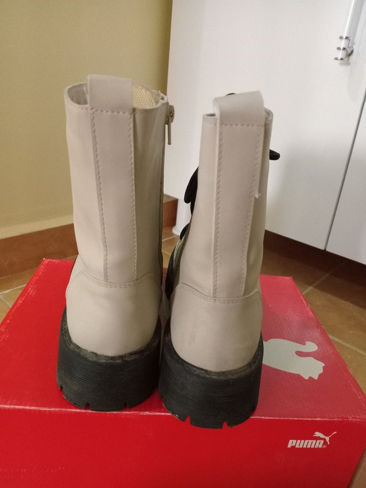 Bej Kadın Deri Bot Siyah Kalın Topuklu - Görsel 2