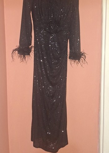 Siyah Uzun Kollu Parlak Abiye Elbise - Görsel 4