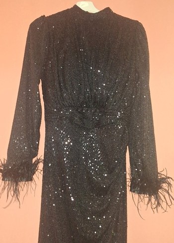 Siyah Uzun Kollu Parlak Abiye Elbise - Görsel 3