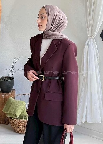 Bordo Deri Kemerli Kadın Blazer Ceket - Görsel 3