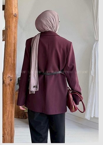 Bordo Deri Kemerli Kadın Blazer Ceket - Görsel 4