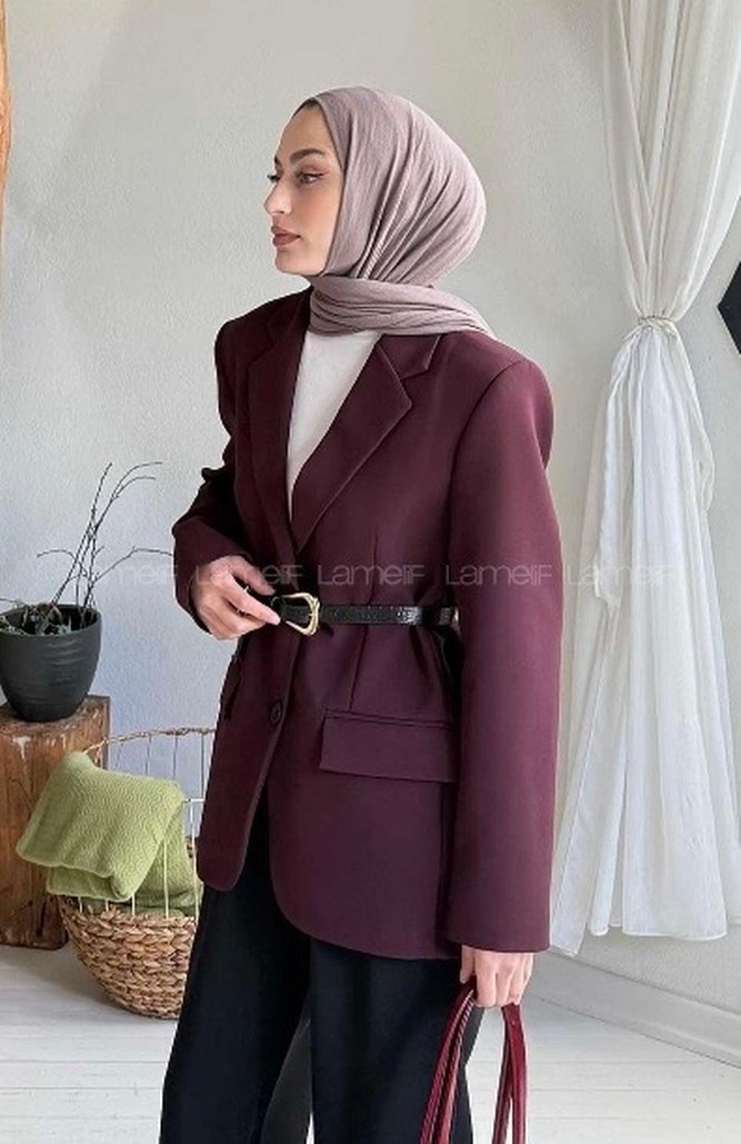 Bordo Deri Kemerli Kadın Blazer Ceket - Görsel 3