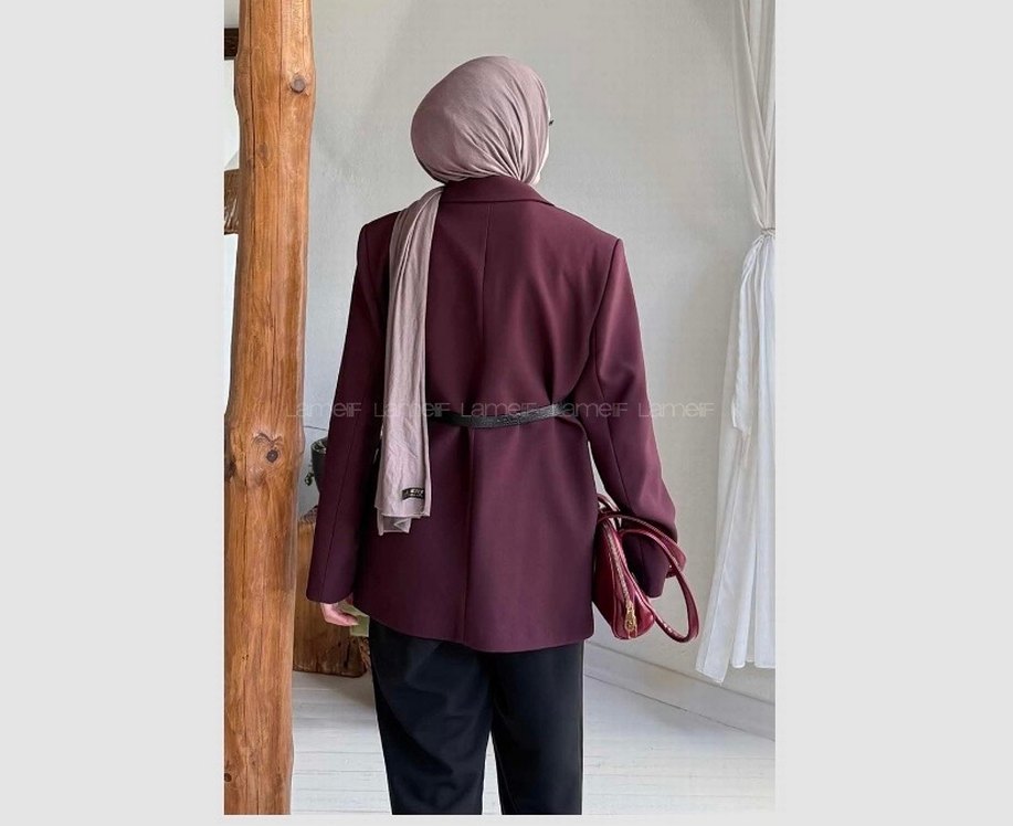 Bordo Deri Kemerli Kadın Blazer Ceket - Görsel 4