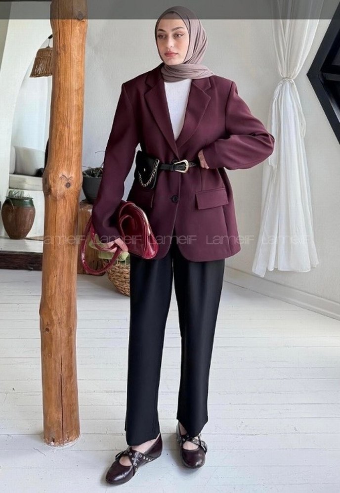 Bordo Deri Kemerli Kadın Blazer Ceket - Görsel 2