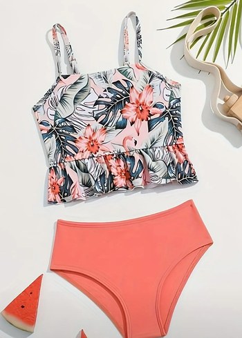 Pembe Desenli Askılı Bikini Takımı