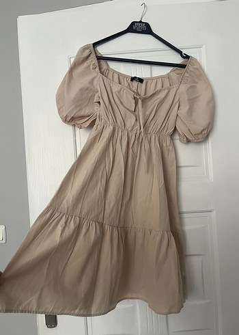 Bej Midi Pamuklu V Yaka Elbise - Görsel 2