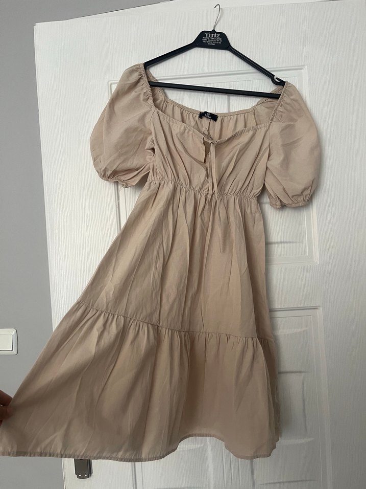 Bej Midi Pamuklu V Yaka Elbise - Görsel 2