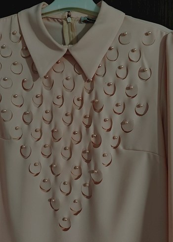 Düğmeli Bej Nakışlı Kadın Gömlek - Görsel 2