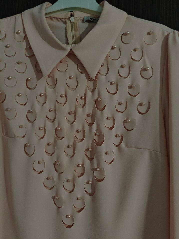 Düğmeli Bej Nakışlı Kadın Gömlek - Görsel 2