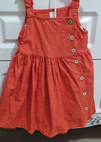 Kız Çocuk Kırmızı Keten Düğmeli Elbise - Görsel 4